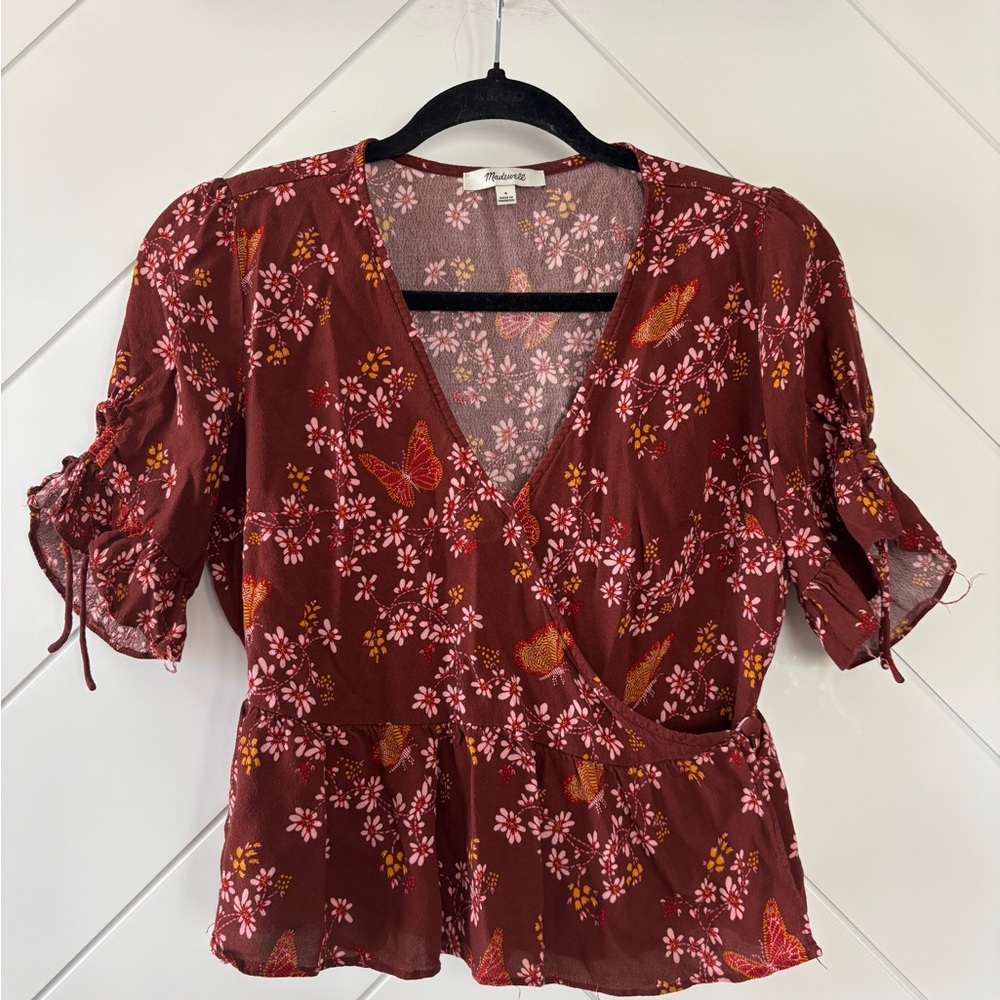 Madewell Burgundy Floral Wrap Blouse